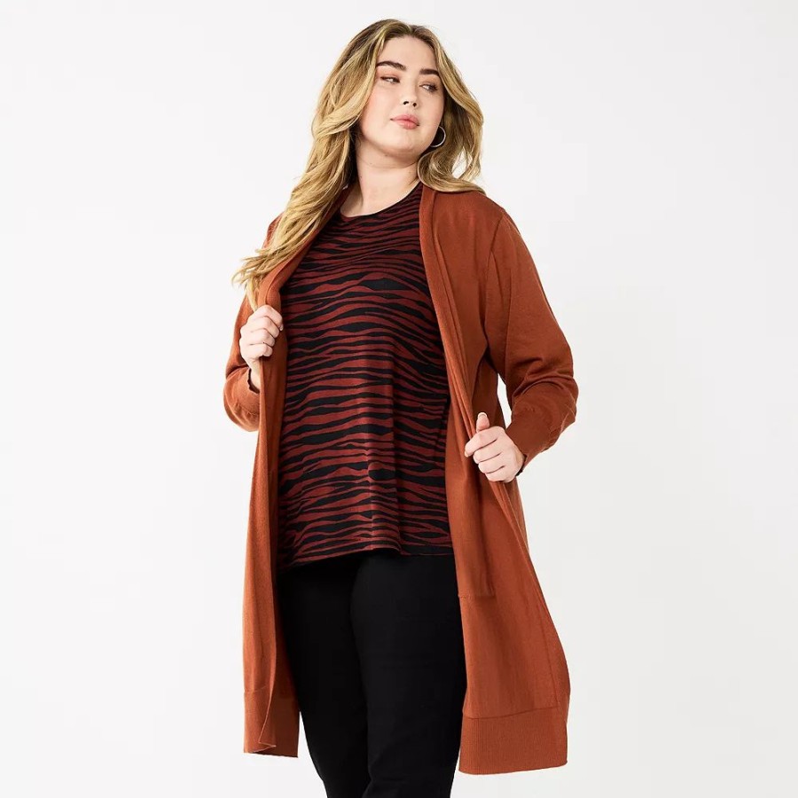 Tops * | Plus Size Nine West Long Open-Front Cardigan