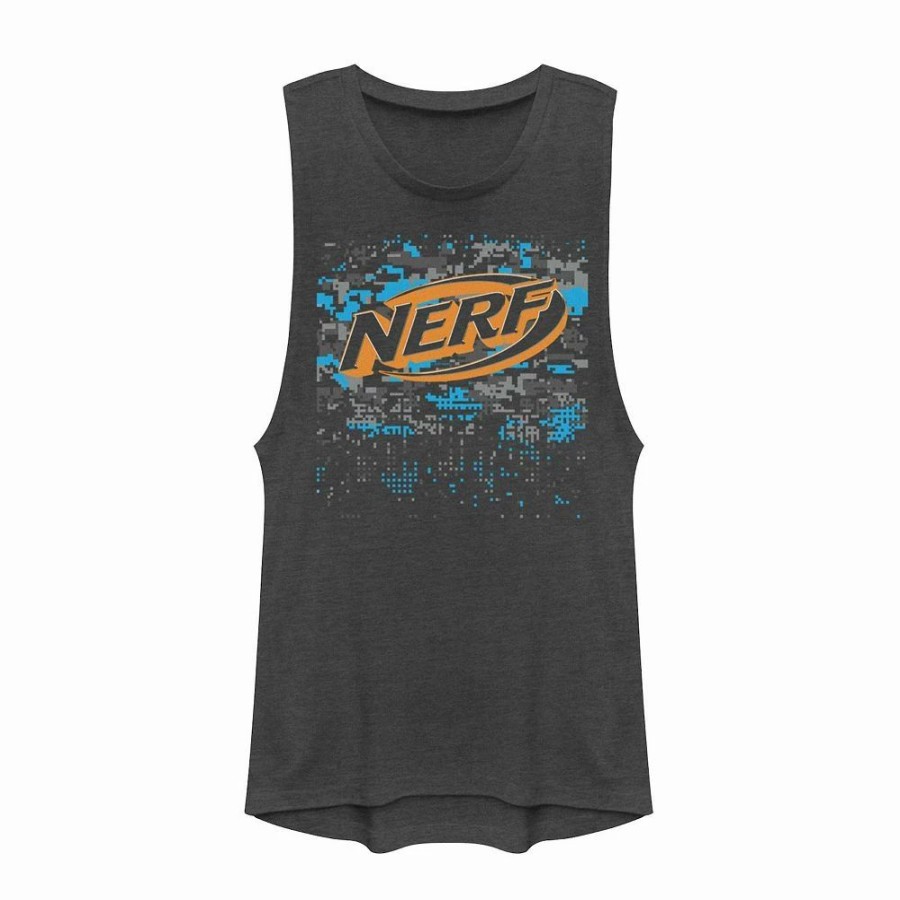 Tops * | Juniors' Nerf Logo Glitch Camouflage Muscle Tank Top