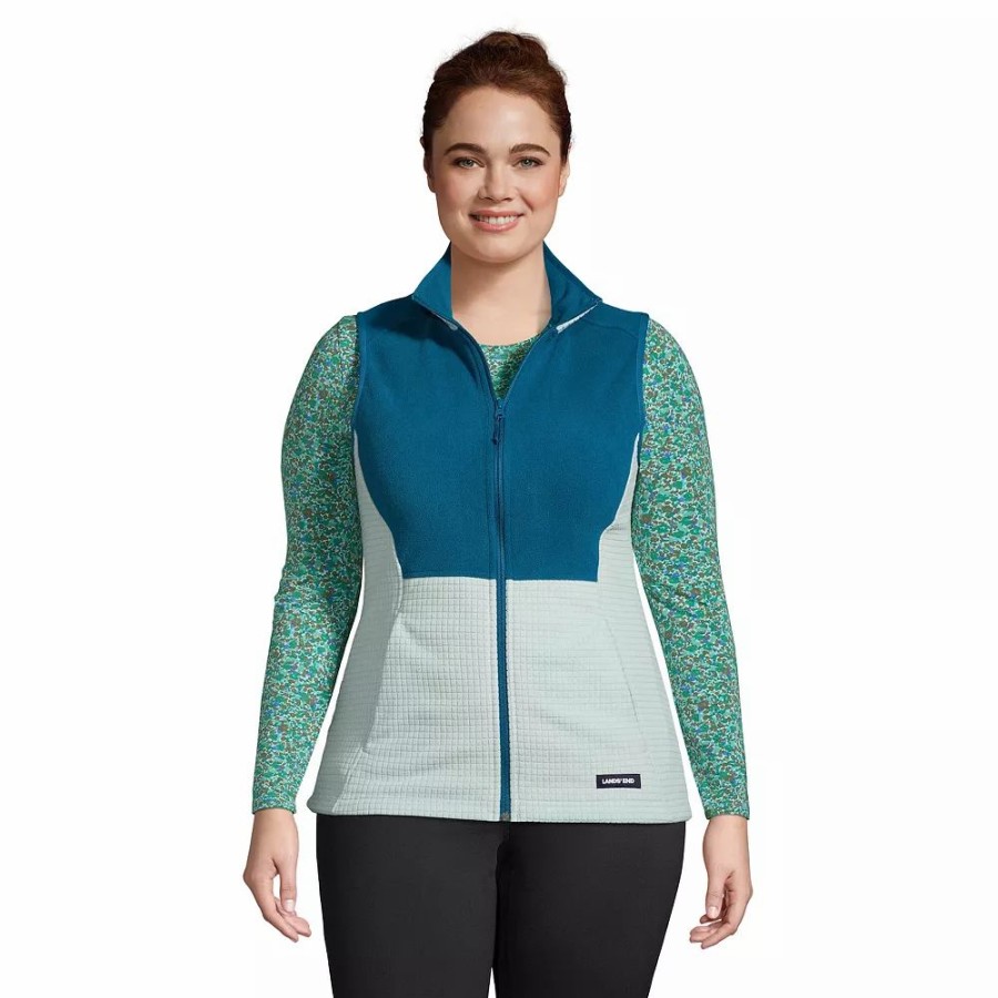 Outerwear * | Plus Size Lands' End Grid Fleece Jacket Aqua Breeze