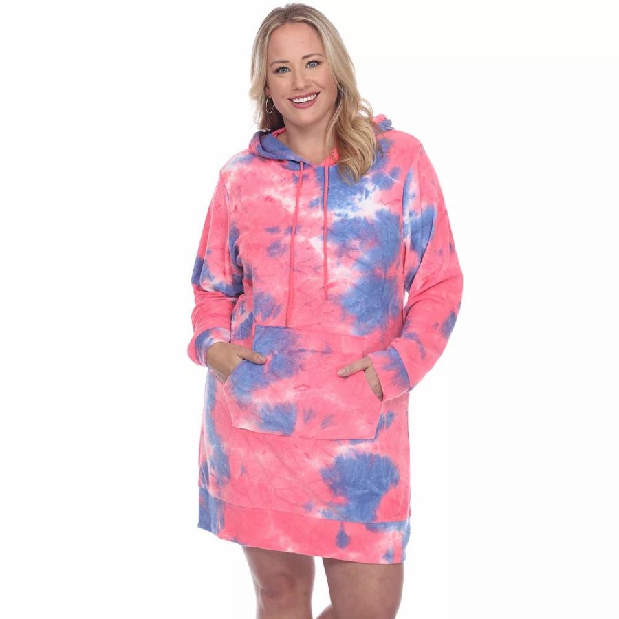 Dresses * | Plus Size White Mark Tie-Dye Hoodie Sweatshirt Dress