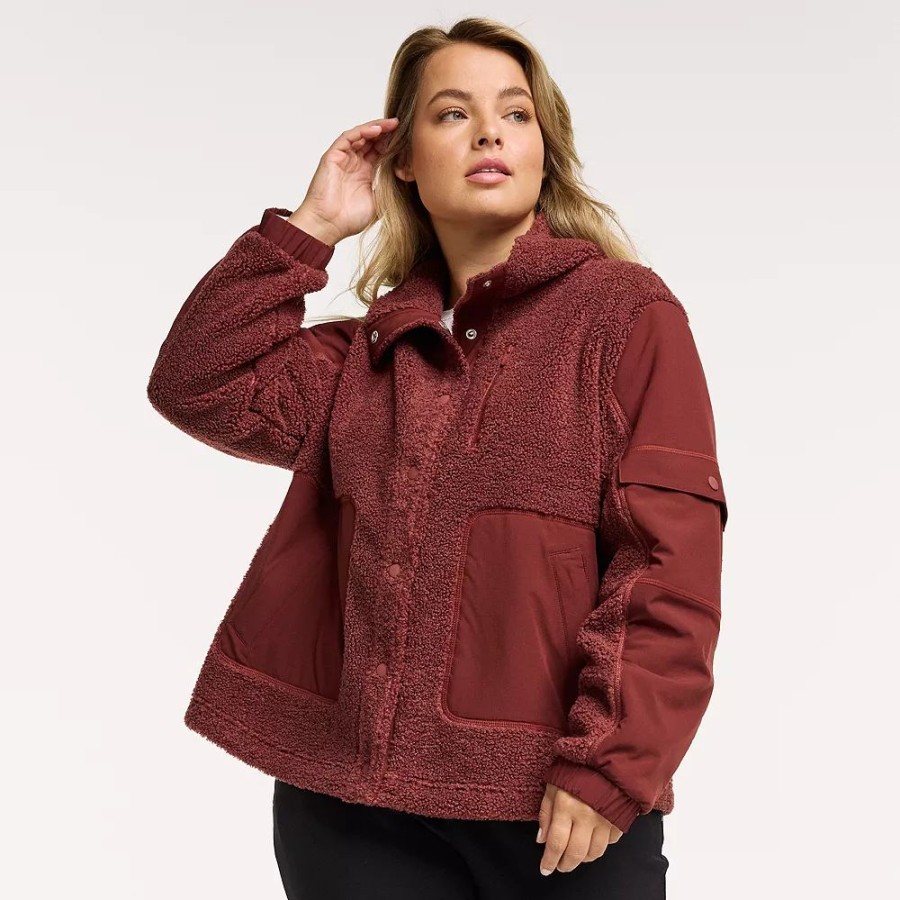 Outerwear * | Plus Size Flx Boucle Mixed-Media Jacket Chic Burgundy