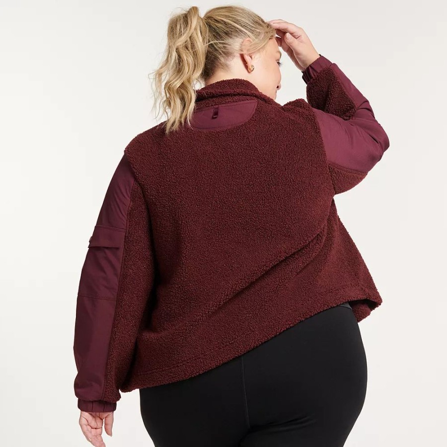 Outerwear * | Plus Size Flx Boucle Mixed-Media Jacket Chic Burgundy