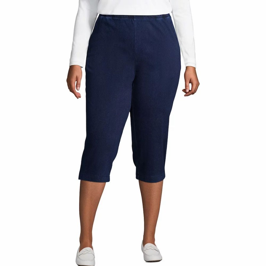 Bottoms * | Plus Size Lands' End Sport Knit Elastic-Waist Pull-On High-Waisted Capri Jeans