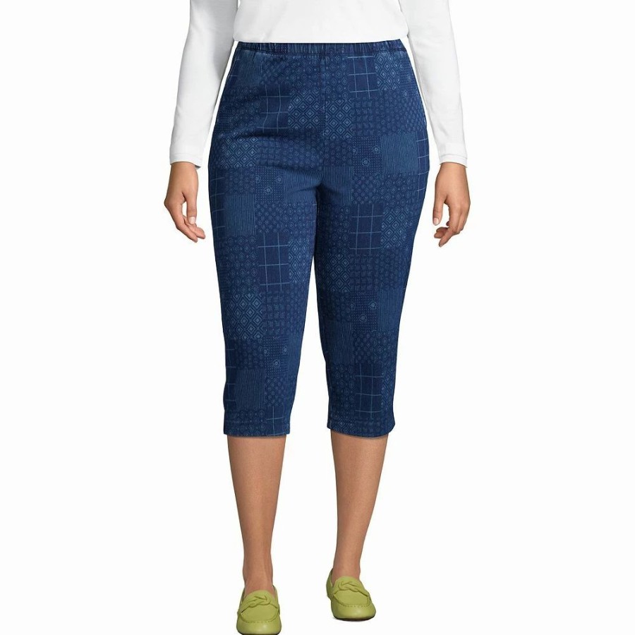 Bottoms * | Plus Size Lands' End Sport Knit Elastic-Waist Pull-On High-Waisted Capri Jeans