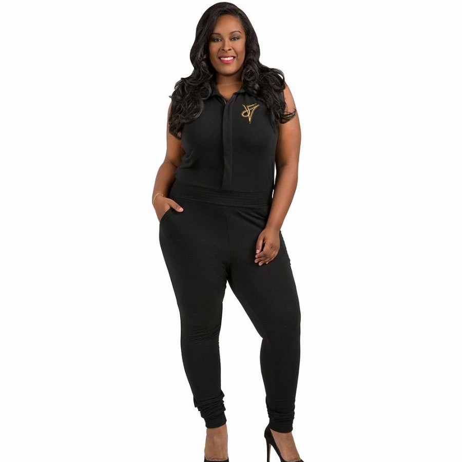 Dresses * | Poetic Justice Plus Size Curvy Women'S Sleeveless Stretch Collared Jumpsuit