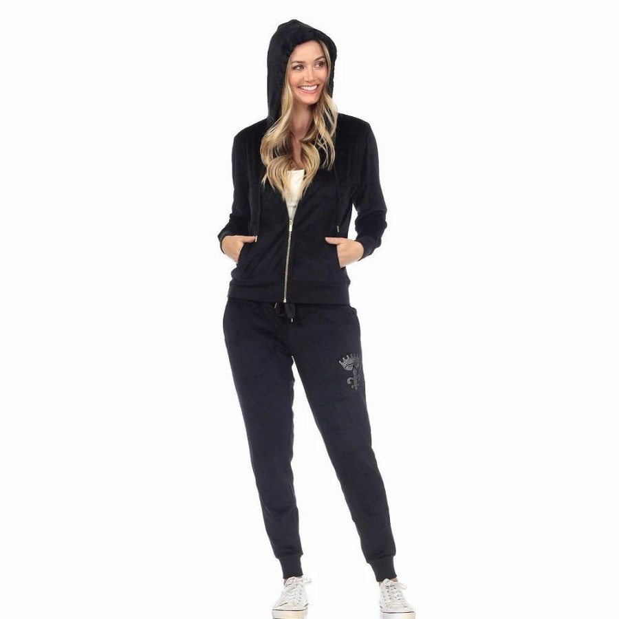 Tops * | Women'S White Mark Rhinestone 2-Piece Velour Tracksuit Set