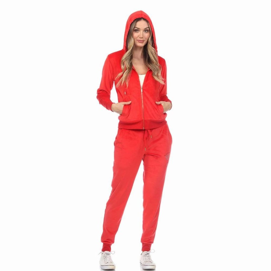 Tops * | Women'S White Mark Rhinestone 2-Piece Velour Tracksuit Set