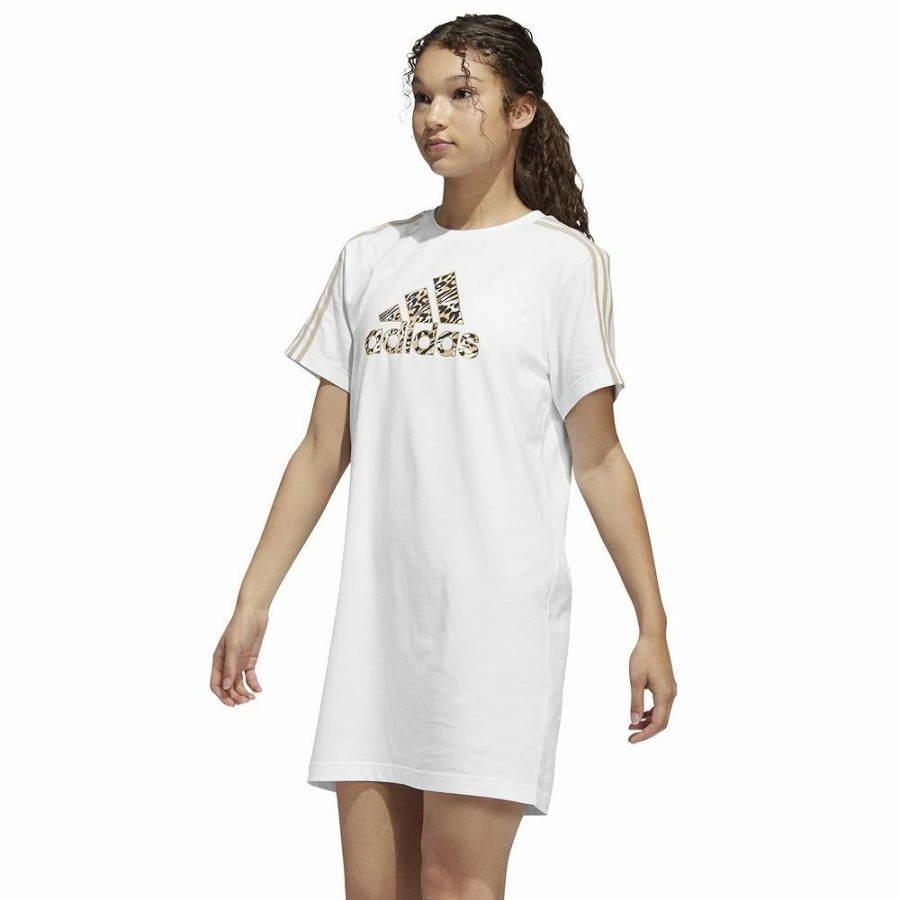 Dresses * | Women'S Adidas Leopard Metallic Badge Of Sport Graphic T-Shirt Dress